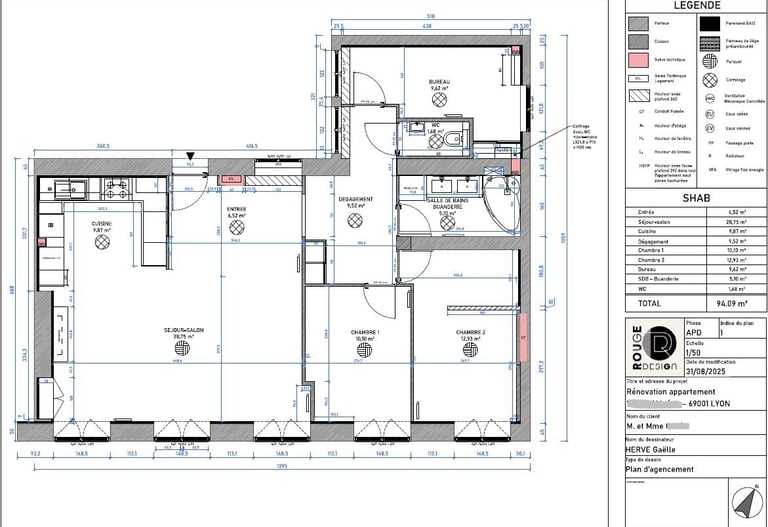 Plan d'agencement intérieur — projet de rénovation appartement Lyon par Rouge Design