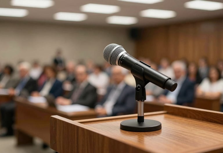 A detailed shot of a microphone on a wooden podium, with a blurred audience in a South American / Brazilian conference hall, professional and contemporary style.