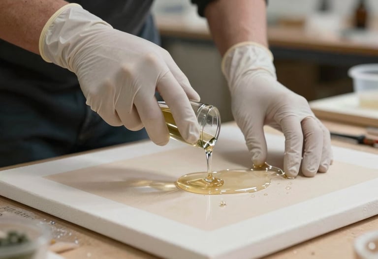 The hands of an artist wearing gloves, pouring clear resin over a prepared canvas in an International / Global workshop setting.
