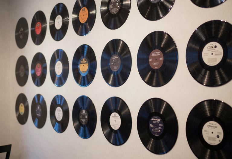A collection of custom vinyl records displayed in a gallery-style layout in a North American / US creative space, featuring monochromatic navy artwork.