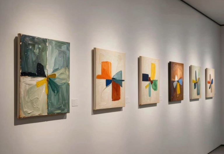 A row of small abstract paintings on canvas, displayed in a bright gallery with warm grey walls, minimalist and professional.