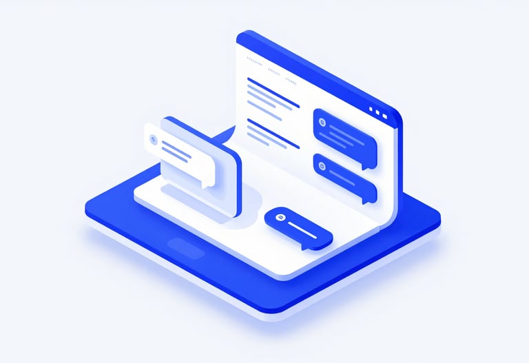 A minimalist, isometric view of a web application featuring an AI chatbot integration. Crisp lines and bold modern layout using #E6EFF5 and #2D3A4B.