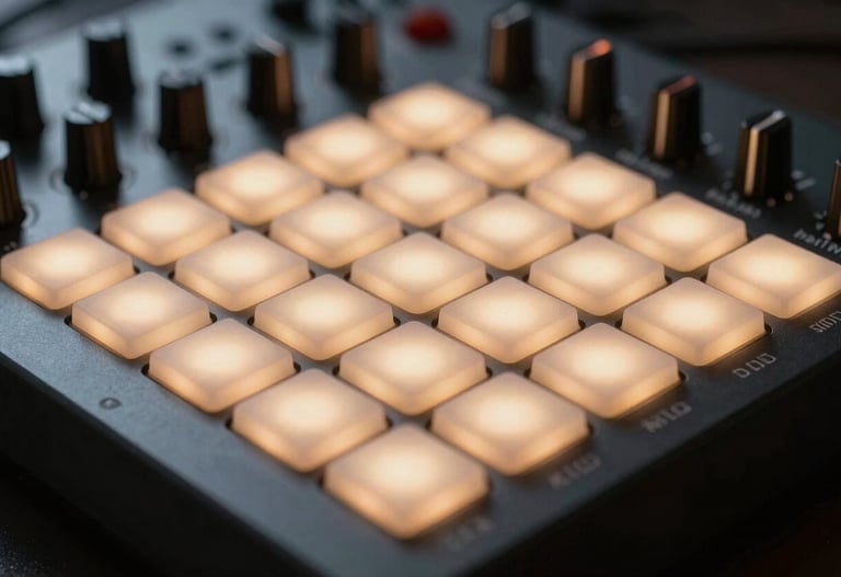Detail of a midi controller with glowing pads in warm tones, sophisticated modern music tech photography.
