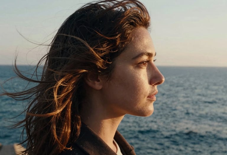 Candid portrait of a person looking at the Mediterranean sea, wind in their hair, authentic expression, cinematic film grain and warm light.