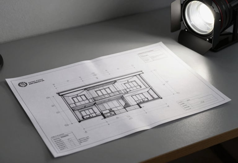 Detail of architectural drawings and technical plans on a minimal desk, storm gray stationery, bright studio light.