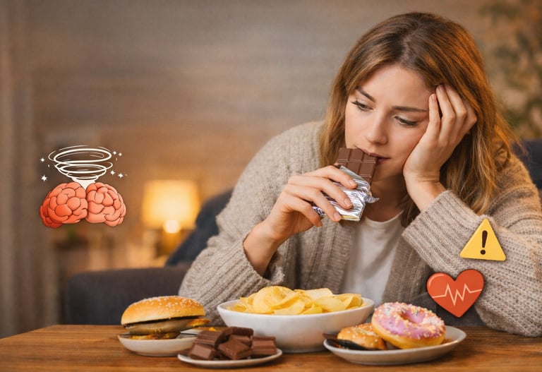 Mulher sentada à mesa comendo chocolate cercada por alimentos como hambúrguer, batata frita e donut,