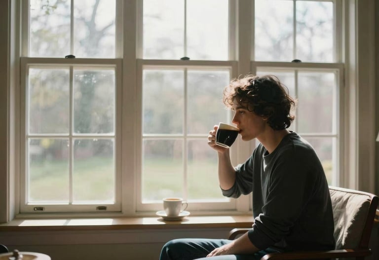 Candid shot of a person drinking coffee by a large window in a North American / US home, sun-drenched and peaceful atmosphere.