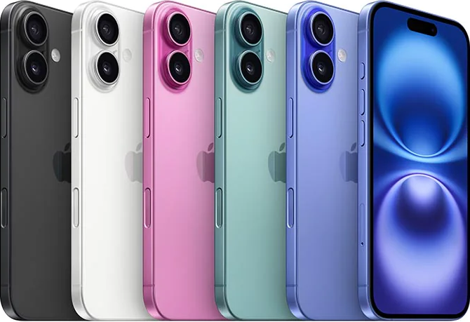 Imagem com as cinco cores (azul, verde, rosa, branco e preto) do iPhone 16.