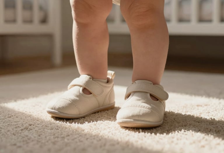 A detail shot of a baby's soft shoes on a cozy rug in a sun-lit North American nursery, warm and cinematic lighting.