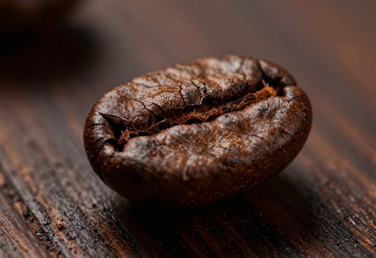 Extreme close-up of a single roasted coffee bean resting on a polished dark wood surface. Dramatic lighting showing every crack and texture. Dark brown and tan palette.