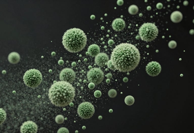 Abstract animation frame showing sage green organic particles moving through a dark charcoal black space, editorial motion design style.