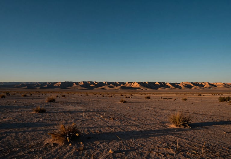 A wide landscape shot of the North American desert at sunrise, intended as a location scout photo. The colors are sophisticated and earthy with a cinematic deep blue sky.