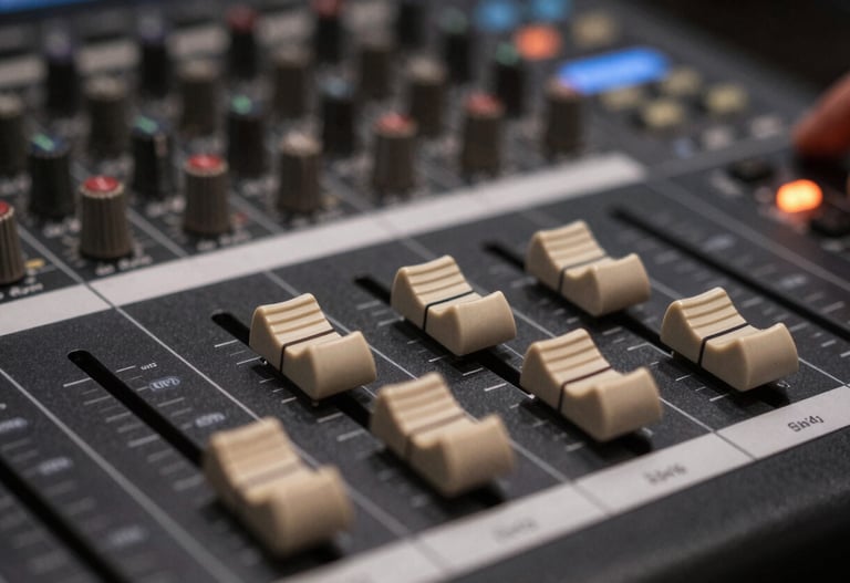 A close-up of a professional mixing console with the faders illuminated in #8D765D, highlighting the technical craftsmanship of the music.