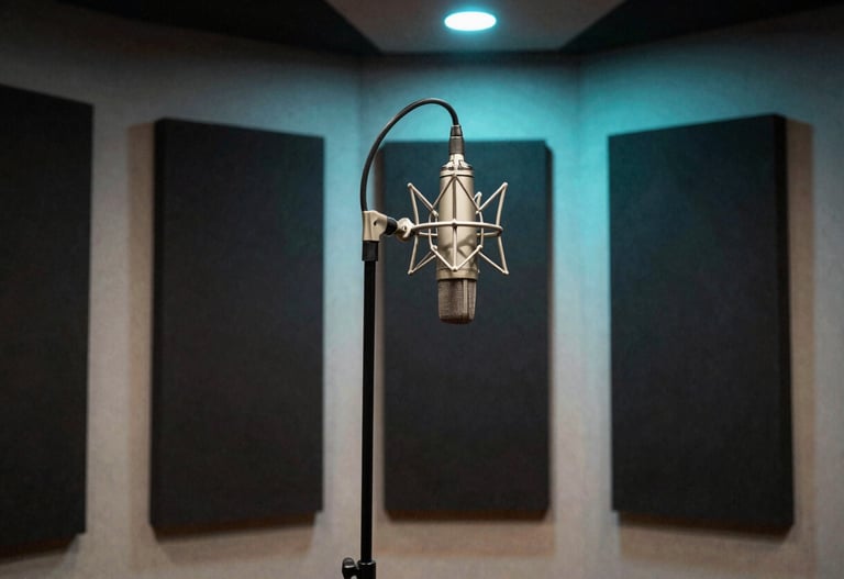 An empty recording booth with a professional microphone stand, dark acoustic panels, and a soft cyan glow from the studio light. South American / Colombian recording facility.