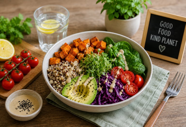 Colorful plant-based meal featuring vegetables, quinoa, avocado, and other sustainable food choices.