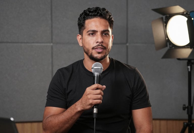 A medium shot of a man holding a microphone in a podcast studio setting, slate gray acoustic panels in the background, professional lighting, South American influencer context.