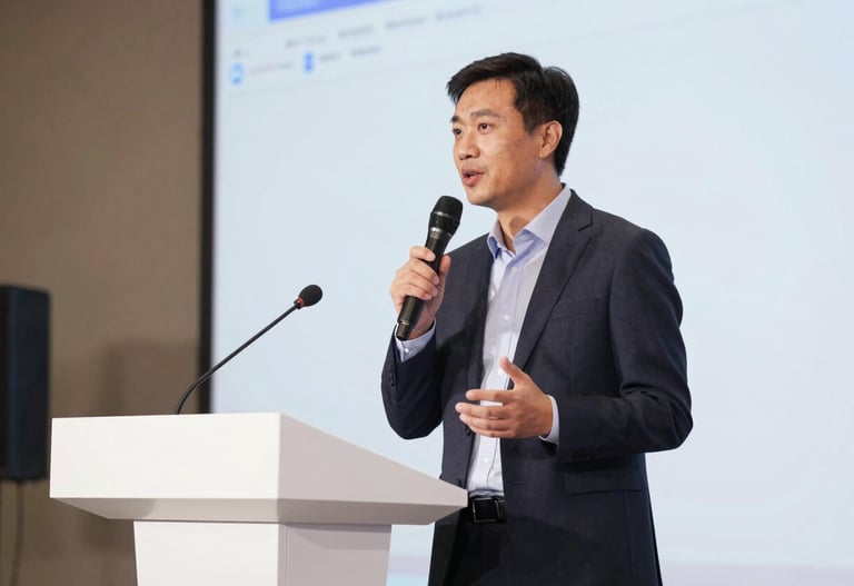 A dynamic shot of a speaker at a corporate event in a North American / European metropolitan center, clean porcelain white lighting, professional and trustworthy atmosphere.