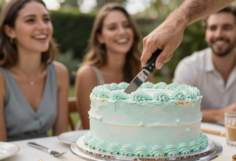 A fun, candid shot of a birthday cake being cut at a South African garden party, pale seafoam icing and blurred happy faces in the background.