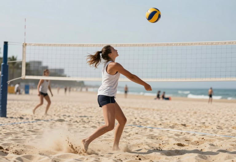 Mid-action shot of a volleyball match, sand flying, bright daylight, dynamic storytelling vibe with #F2F1ED highlights.