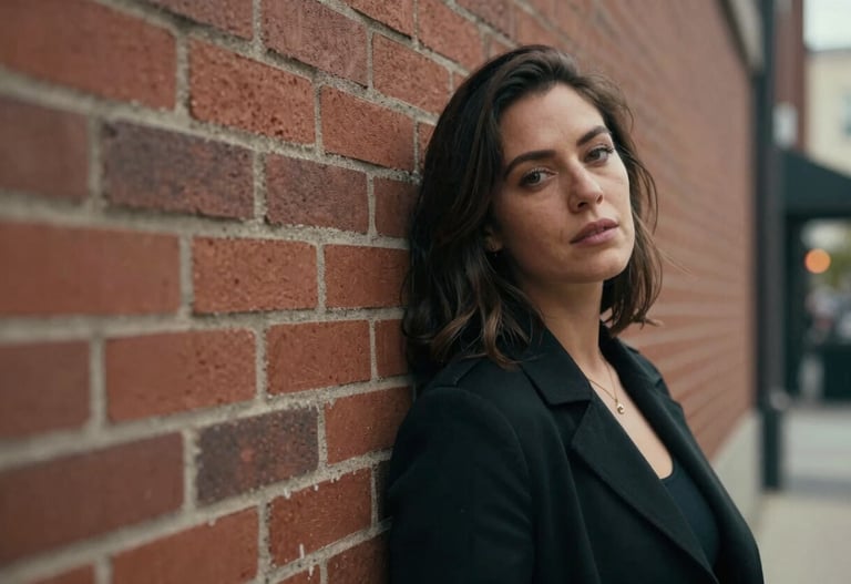 A woman leaning against a brick wall in a North American city, candid expression. Moody cinematic lighting, warm Terracotta tones in the background.
