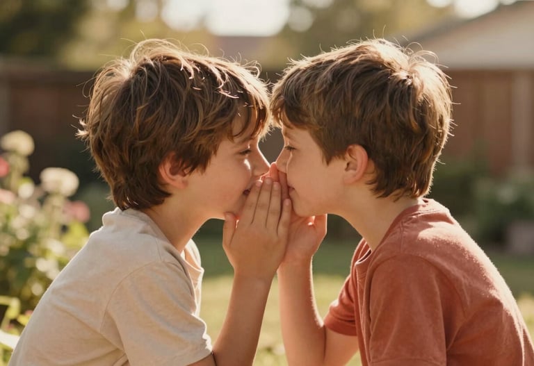 Candid photo of two siblings whispering to each other in a North American garden. Sun-drenched cinematic style with warm terracotta and soft sand colors.