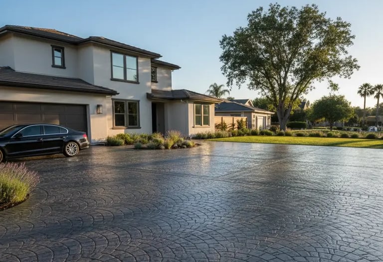 Stamped concrete driveway with decorative stone pattern at a home in Davis, California.