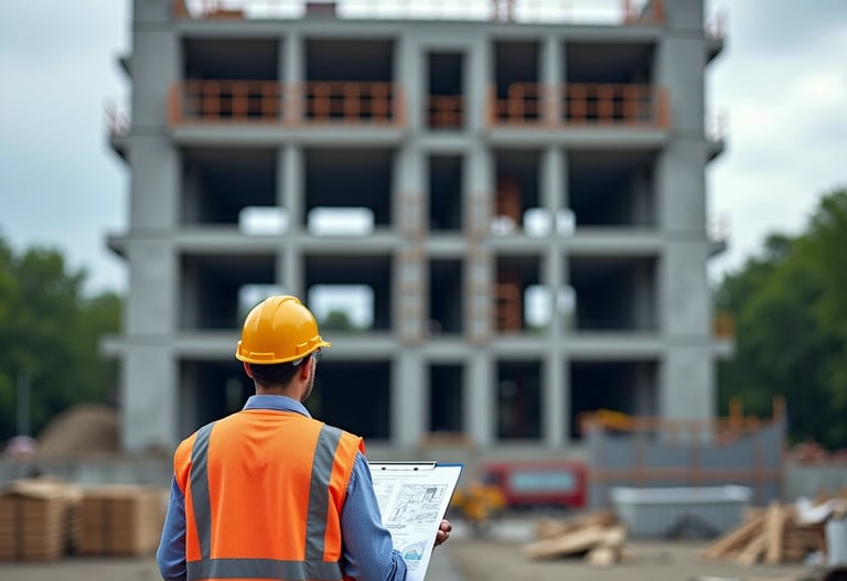a construction worker in a construction site with a building in the background