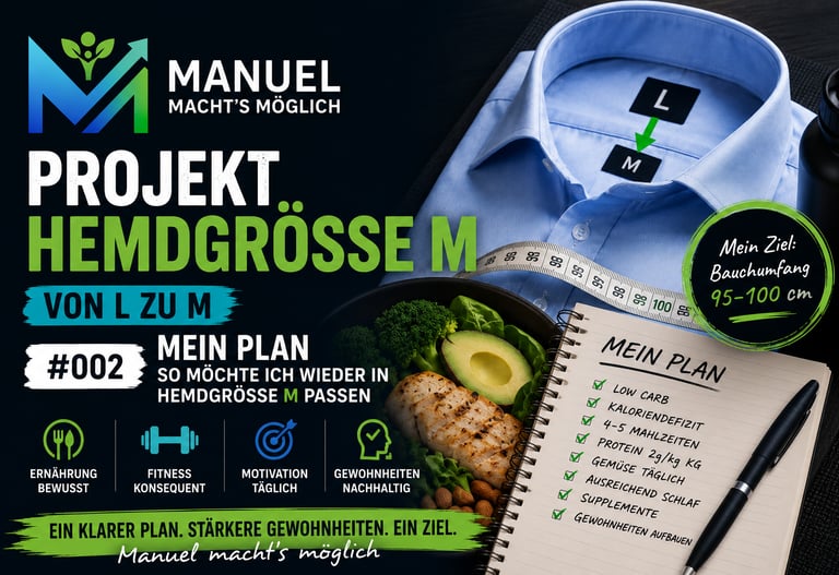 Projekt Hemdgröße M – Von L zu M: Mein Plan für nachhaltiges Abnehmen mit Low Carb und Motivation.