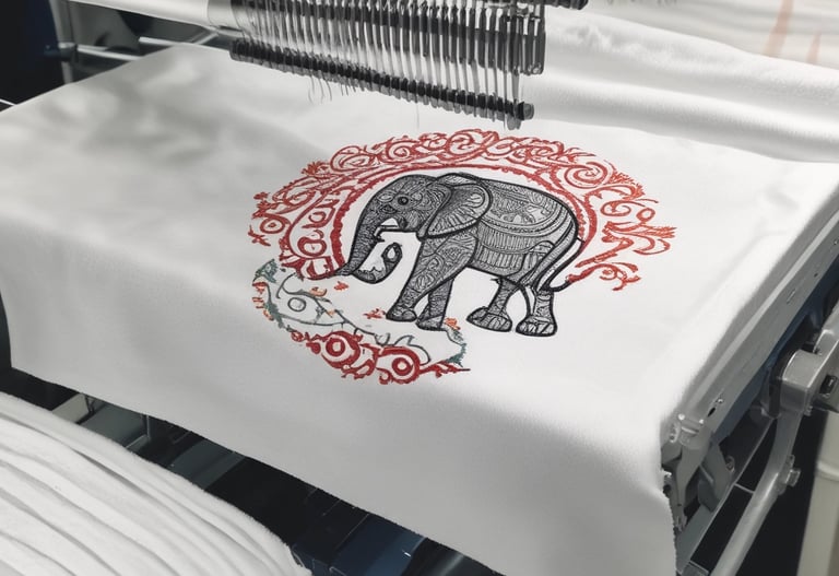 A close-up of colorful custom embroidered designs on fabric.