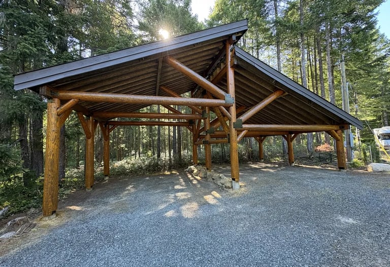 Courtenay log carport after refishing by Embassy Restorations, Vancouver Island