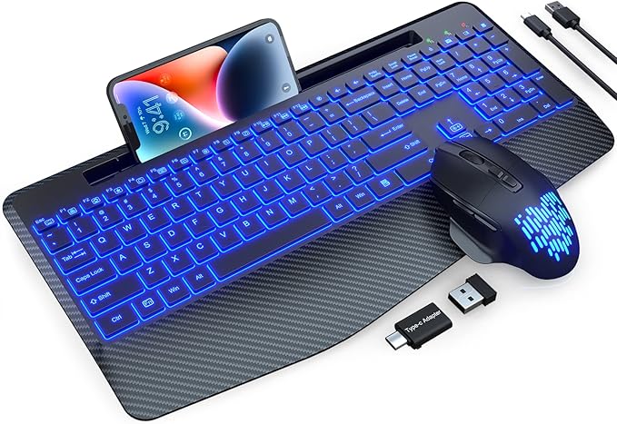Wireless Keyboard and Mouse Backlits, Wrist Rest, Jiggler Mouse, Rechargeable Ergonomic Keyboard with Phone Holder, Silent Li