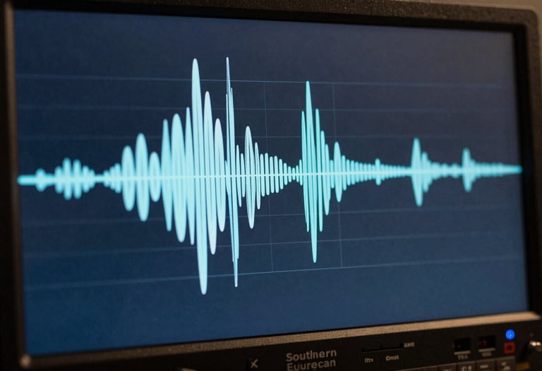 A macro shot of sound waves displayed on a high-resolution studio monitor. The image is technical and artistic, with colors reflecting the brand's muted blue palette. Southern European / Spanish post-production suite.