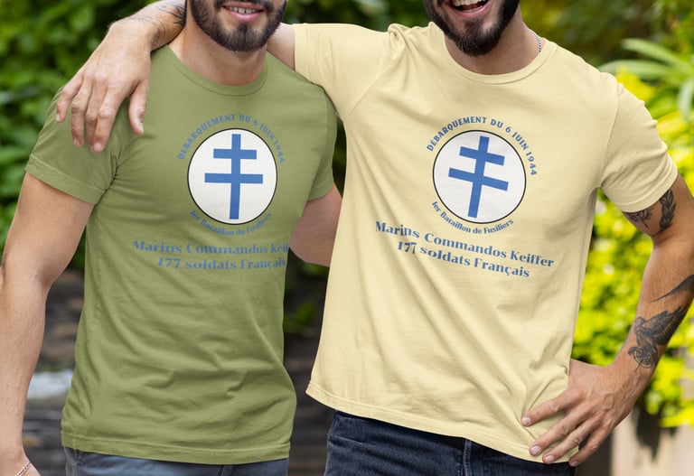 two men wearing clickncollecte t-shirts commemorating the Keiffer Commandos