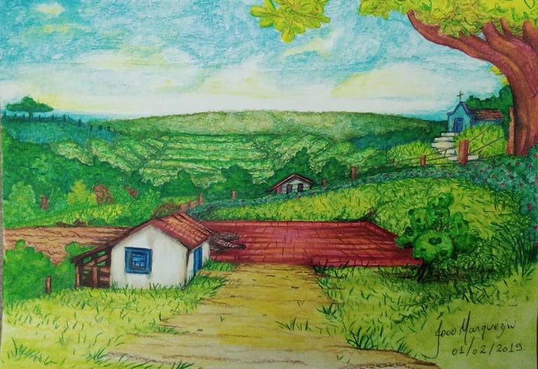 Desenho a lápis aquarela sobre as lembranças de infância do Jaum, de 2019