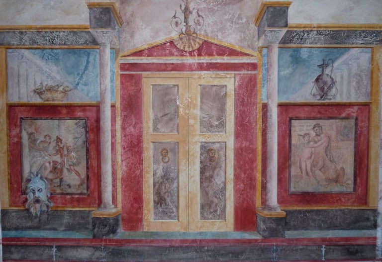 Donner une ambiance avec des décors peints de style Pompéien par les couleurs, la matière de l'enduit, le style des dessins.