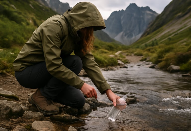 Woman crouched by stream filling survival bag with fresh water