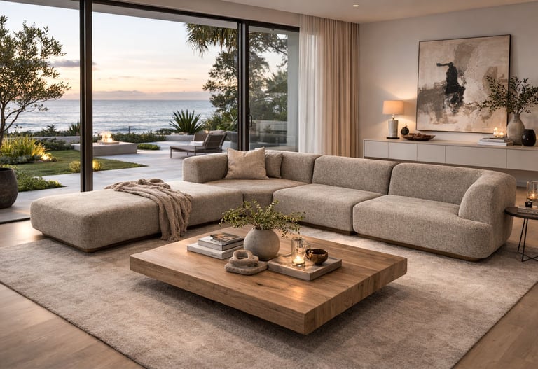 Custom cream sectional sofa in Los Angeles coastal living room by Solo Home Decor