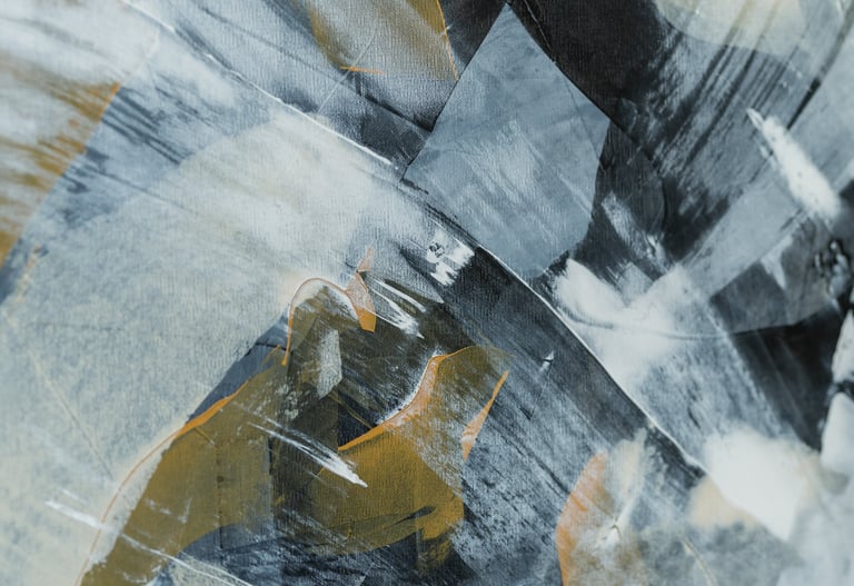Modern abstract canvas painting with expressive black, white, and gold acrylic brushstrokes.