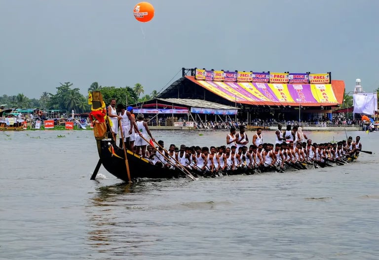 Nehru Trophy Boat Race in Alleppey, Kerala, featuring traditional snake boats racing on Vembanad Lake.