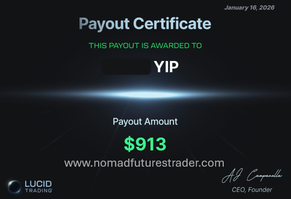 Lucid Trading Prop Firm Payout Certifcate for Nomad Futures Trader