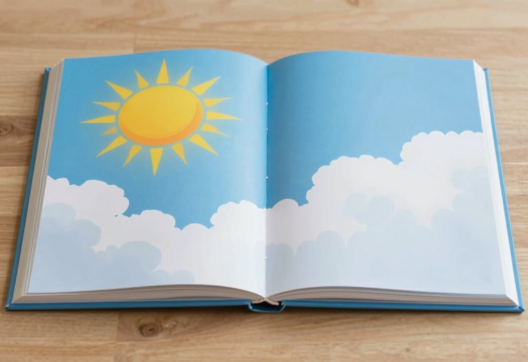 A bright, colorful photograph of an open picture book showing a sun and clouds, inviting and cheerful mood.