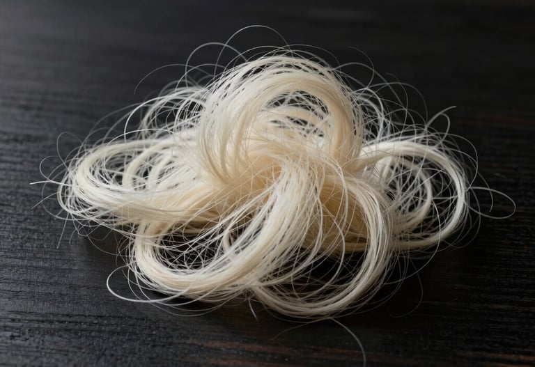 Detail photo of delicate, raw ivory silk fibers resting on a dark ebony wood surface. High-contrast, elegant, minimalist texture study for a high-fashion editorial.