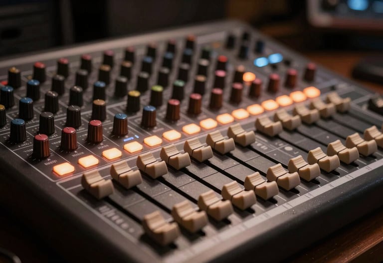 Professional soundboard with illuminated faders in a dark studio, artistic bokeh, dark espresso brown and muted rosy brown tones, North American / US.