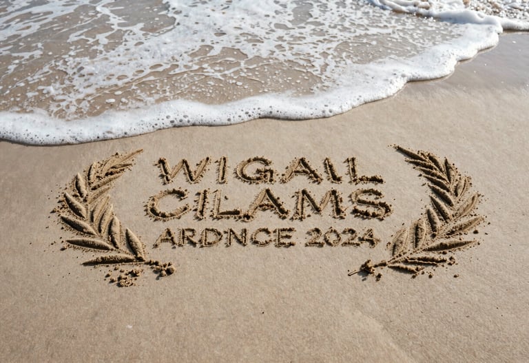 Candid photography of sand art being gently reclaimed by the tide, cinematic focus on the white foam and muted driftwood beige sand.
