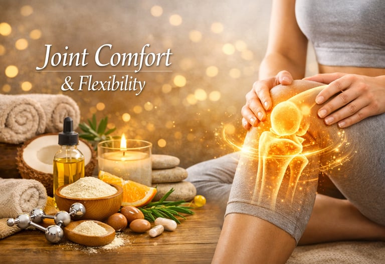A glowing knee joint illustration on a person next to natural supplements for joint comfort and flexibility.