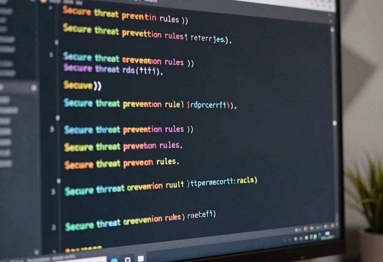 Close-up detail of lines of code executing secure threat prevention rules, shown on a high-end clean workspace monitor with beautiful geometric background elements.