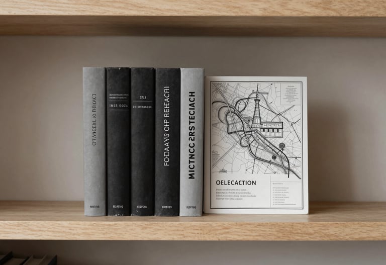 Library of architectural research books and maps, charcoal covers on a sand-colored wooden shelf, minimalist still life #7C4E3A #F9F7F2