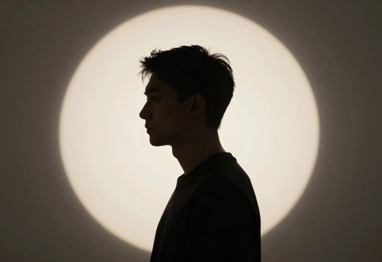 Abstract male silhouette against a glowing Off-white circular light, creative AI-inspired composition.