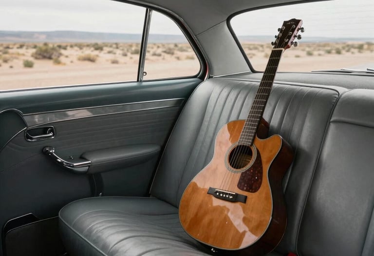 Interior of a classic American car with a guitar in the backseat, traveling through North American / US landscapes, soulful and nostalgic, sand and charcoal gray colors.