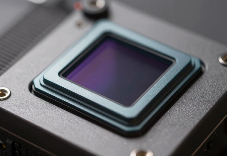 Close-up of a high-resolution camera sensor, intricate technology, contemporary and clean, lighting emphasizing #F2F5F7 highlights.